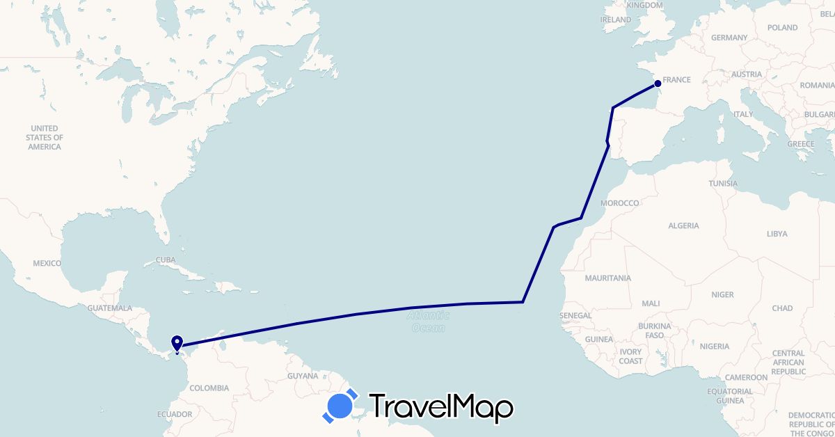 TravelMap itinerary: driving in Barbados, Cape Verde, Spain, France, Panama, Portugal, Venezuela (Africa, Europe, North America, South America)